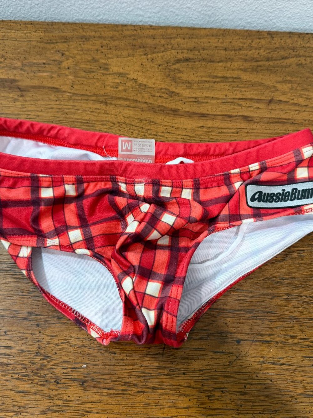 Title: AussieBum Men’s Red Plaid Swim Brief Size Medium